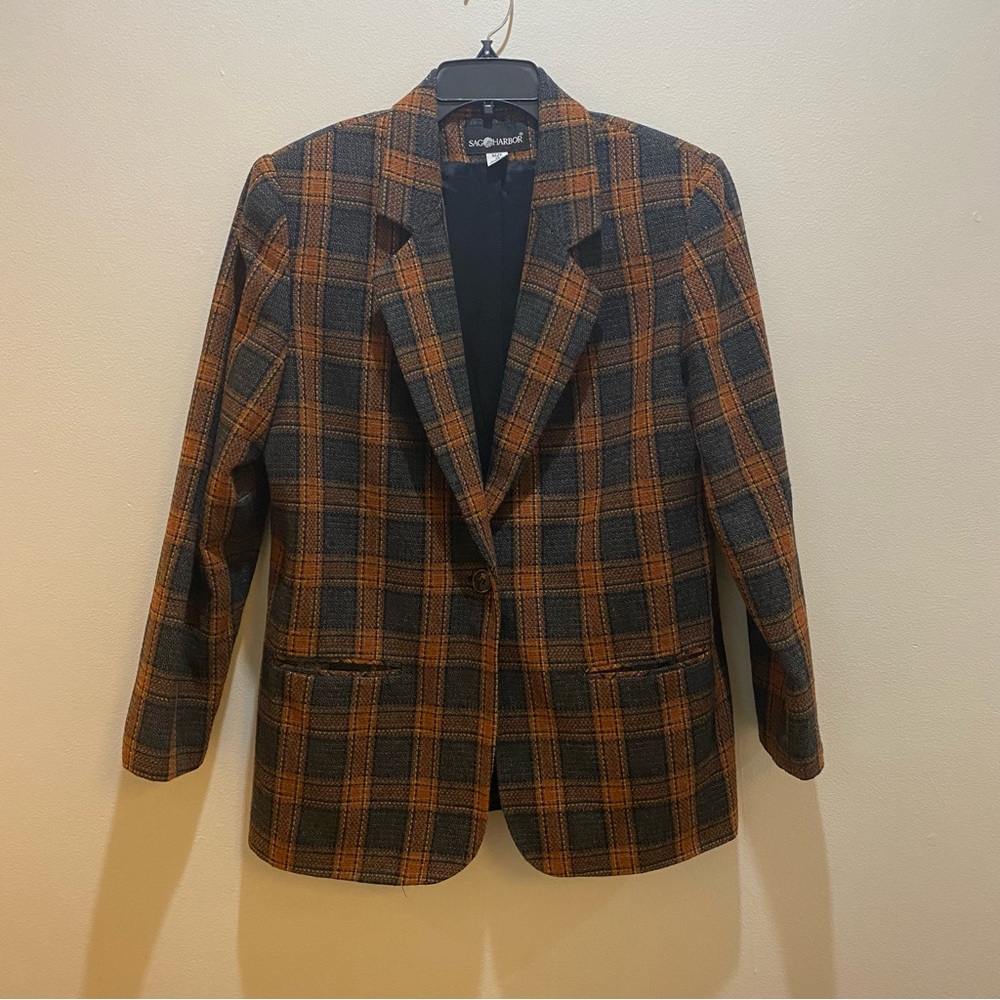 Vintage Sag Harbor Wool Blend Plaid Blazer Size 12 Rust Orange